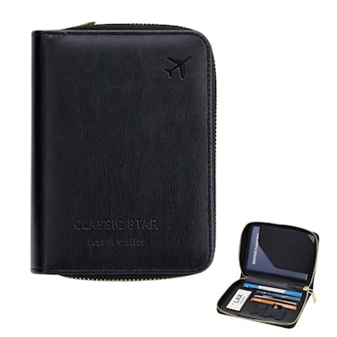 Diakey Passport Holder for Travel with Zipper Closure Leather RFID Blocking Passport Book Wallet Cover Cute Document Card Case for Men Travel Must Haves Essentials Black