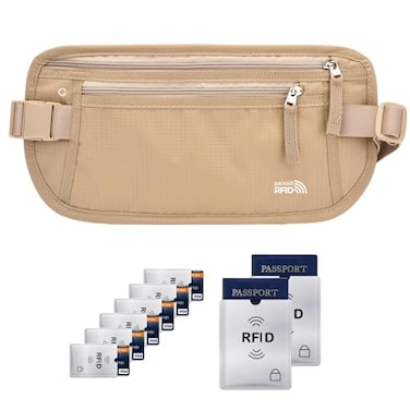 paissit Unisex Money Belt with RFID Blocking Sleeves Slim Passport Holder RFID Blocking Travel Essentials Waist Pouch to Protect Cash Beige 6 Sleeves