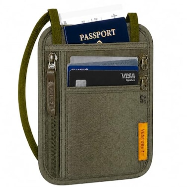VENTURE 4TH RFID Blocking Travel Neck Wallet for Women Men Security Neck Pouch Passport Holder with Adjustable Strap WaterResistant Nylon Lining Green