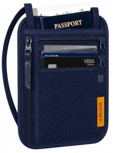 VENTURE 4TH RFID Blocking Travel Neck Wallet for Women Men Security Neck Pouch Passport Holder with Adjustable Strap WaterResistant Nylon Lining Navy