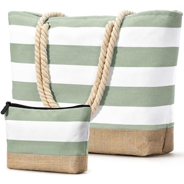 Becokan Beach Bag Initial Beach Tote with Makeup Bag for Travel Work Storage Personalized Birthday Gifts for Women Her Plain Light Green