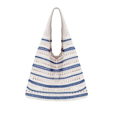 Sightor Crochet Tote Bag Mesh Beach Bag Knit Summer Hobo Bag Vacation Boho Tote Bag for Women Blue Line