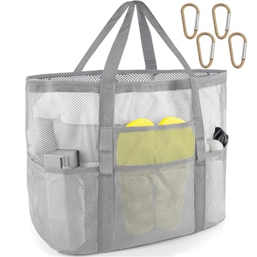 SRISE Mesh Beach Tote for Family Large Beach Bag for Toys Vacation Essentials White
