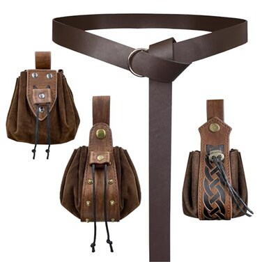EpicCos 4 PCsMedieval O Ring Belt and Drawstring Pouch Set Retro Faux Leather Belt Bag Dice Bag Portable Coin Purse For LARP Brown A