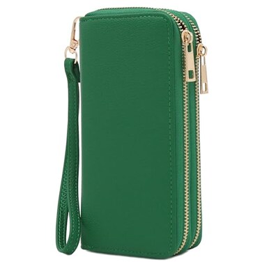 FashionPuzzle Double Zip Around PU Leather Wristlet Wallet Kelly Green