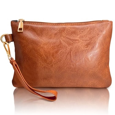 K.E.J. KEJ Wallet Brown Wristlet Clutch Bag with Wrist Strap Womens Wristlet Handbag