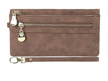 Aslana Soft Leather Long Wallet Wristlet with hand Strap Clutch Bag for Women Card holder Phone Bag Coffee