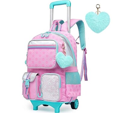 Meetbelify Backpack with Wheels for Girls Rolling Backpack Cute Carry on Backpack for Elementary Student