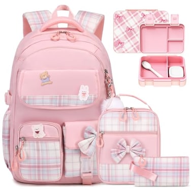 ACESAK Backpack for Girls Bento Box with Insulated Lunch Bag Pencil Case Utensils Set for Kids 4 Leakproof Compartments Removable Tray Lunches or Snack Container for School Pink