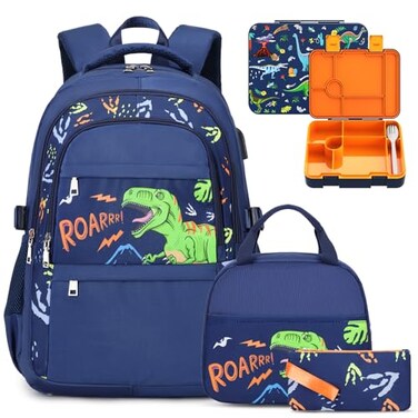 ACESAK Boys Backpack Dinosaur Bento Box with Insulated Lunch Bag Pencil Case Utensils Set for Kids 6 Leakproof Compartments Removable Tray Lunches or Snack Container