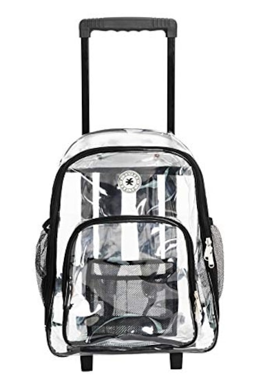 K-Cliffs KCliffs Rolling Clear Backpack Heavy Duty Bookbag Quality See Through Workbag Travel Daypack Transparent School Book Bags wWheels Black