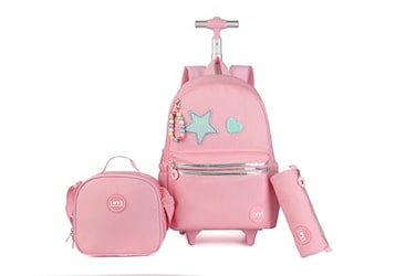 kingdisen Rolling travel Laptop Backpack for school Teens Girls STAR HEART PINK