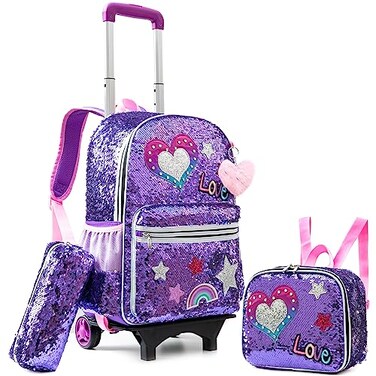 Meetbelify Rolling Backpack for Girls School Backpack with Wheels Kids Sequin Roller Luggage for Elementary Kindergarten Students with Lunch Box Pencil Case for Girls 512 Years Old