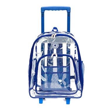 NiceAndGreat Rolling Clear Backpack Heavy Duty Bookbag Quality See Through Workbag Travel Daypack Transparent School Book Bags with Wheels Royal Blue
