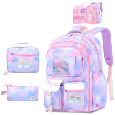 Schxuw 3Pcs Backpacks for Girls Cute Rainbow School Backpack with Lunch Bag Pen Bag Set MultiPockets Kids Backpack for Elementary Preschool ToddlerPurple