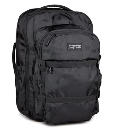 JanSport Venture Pack System Travel Pack With Large Main Compartment 4 Water Bottle Pockets Adjustable Torso Length Perimeter Wireframe Suspension TuckAway Straps Padded Hip Belt Black