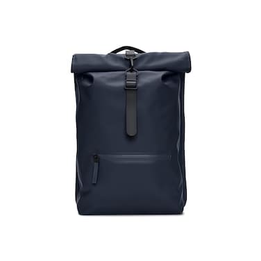 RAINS Rolltop Rucksack Blue Water Resistant Water Repellent Rolltop Backpack Padded Straps AirMesh Back Minimalist Contemporary Urban Design