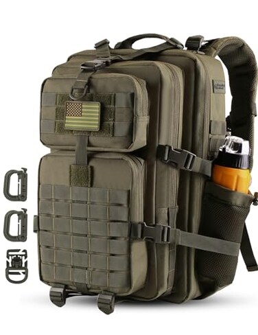Hannibal Tactical 45L MOLLE Assault Backpack Tactical Backpack Military Army Camping Rucksack with Bottle Holder 3Day Pack Trip wUSA Flag Patch DRings Olive