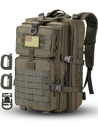 Hannibal Tactical MOLLE Assault Backpack Tactical Backpack Military Army Camping Rucksack 3Day Pack Trip wUSA Flag Patch DRings Olive