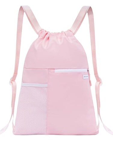 BAVELOE Drawstring Backpack with Mesh Pocket Water Resistant String Beach Swim Sports Gym for Women Men Pink