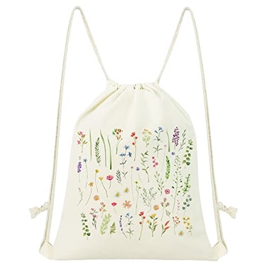 MOSITU Small Floral Drawstring Backpack Cute Flower Cotton Canvas Backpack for Women Gift Sport Gym Beach Travel