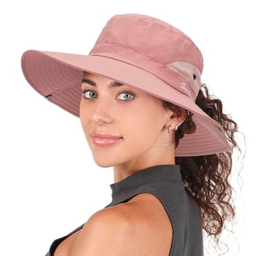XuoAz Womens Summer Sun Hat Beach Hat Wide Brim Outdoor UV Protection Hat Packable Mesh Bucket Hat with Ponytail Hole