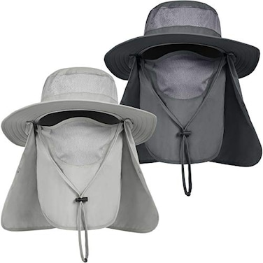 29 IYEBRAO IYEBRAO 2 Pack Mens Outdoor Sun Hat with Face Neck Flap UV Protection for Fishing Hiking Garden 2 PackDark GrayLight Gray