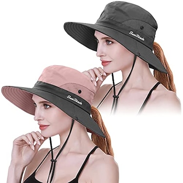 29 IYEBRAO IYEBRAO 2 Pack Womens Ponytail Sun Hat UV Protection Bucket Hats Foldable Wide Brim Summer Boonie Beach Cap Fishing HikingPink Grey