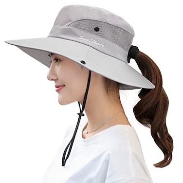 Muryobao Womens Sun Hat Outdoor UV Protection Foldable Mesh Bucket Hat Wide Brim Summer Beach Fishing Cap Pure Light Grey