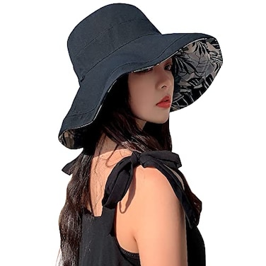 MIFULGOO Reversible Floral Sun Hats UV Protection UPF Packable Wide Brim Chin Strap Women Black