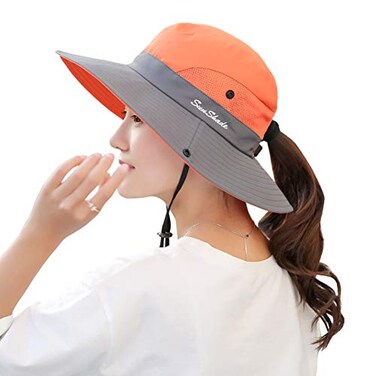 Muryobao Womens Sun Hat Outdoor UV Protection Foldable Mesh Bucket Hat Wide Brim Summer Beach Fishing Cap Orange