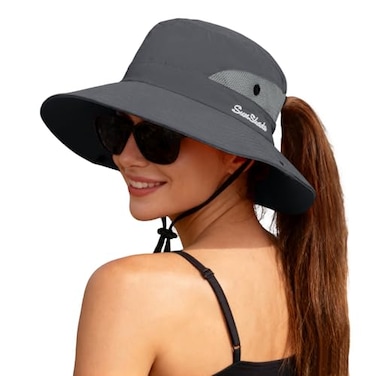 ZOORON 1 Pack Womens Ponytail Safari Sun HatWide Brim UV Protection Outdoor Bucket HatFoldable Beach Summer Fishing Hat