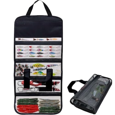 EHERDM Roll Up Fishing Lure Bag 5 Pockets Portable Hanging Tackle Bags Transparent Mesh Folding Storage Handbag for Fishhooks and Baits