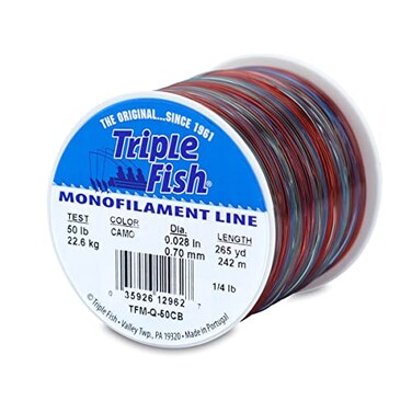 Triple Fish Monofilament Line 50 lb 227 kg Test028 in 070 mm Dia Camo 14 lb 011 kg Spool 265 yd 242 m TFMQ50CB