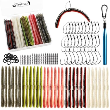 Dovesun 152Pcs Wacky Worm for Bass Fishing Lures for Bass Trout Fishing Worms Hook Kit with Soft Plastic Baits OffsetWeedless Hooks Wacky Rig Tool ORings Sinkers