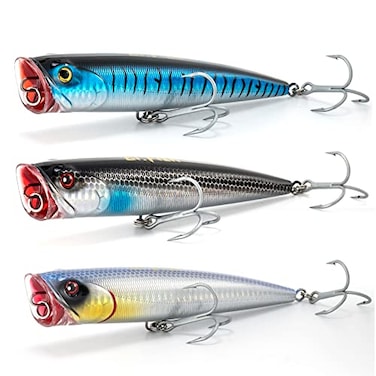 Dr.Fish DrFish 5 Pack Popper Saltwater Fishing Lures 55 Inches GT Popper VMC Treble Hooks Surf Fishing Lures for Bass Striper Pike Mackerel Flounder Barracuda Snapper Offshore 3 Pack