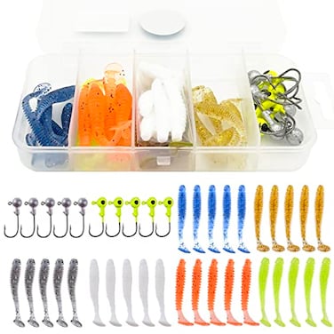 FANGBLUE 40PCS 18oz Jig Head Hook 2inch TTail Soft Lures Artificial Silicone Bait Worm Soft Fishing Lure Tackle Kit for Bass Trout Fishing 40pcs TTail Soft Lure