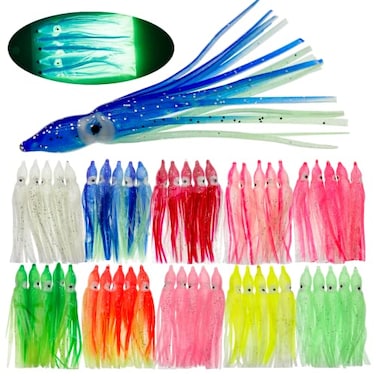Gefischtter 50PCS Squid Swimbait Fishing Soft Plastic Lures Glow Octopus Skirt Worm Lure Kit for Sea Fishing 354in