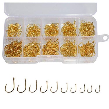 Laxygo 500pcs Small Fishing Hooks Black High Carbon Fishing Hooks Set 10 Sizes with a Plastic Box 500pcs Gold
