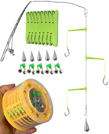CAIGAO Superior Nylon Material Leader Rigs with Hooks Stainless Steel Snap Connect AntiTangle Tandem Fishing Hooks with Organizer 5 Sets of Hooks with Storage Box 10