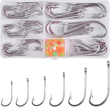 AGOOL Fishing Hooks Saltwater J Hooks 130pcs Stainless Steel OShaughnessy Long Shank Forged Trolling Hook Extra Strong with Fishing Beads for Bass Striper Catfish Snapper