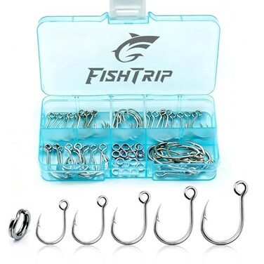 FishTrip 50pcs Inline Fishing Hooks for Treble Hook Replacement inLine Single Forged Eyed Hooks with Split Rings for Lures Plugs Saltwater Freshwater