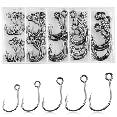 JSHANMEI Inline Single Hooks Kit 60pcs Single Replacement Hooks for Lure Plugs Baits High Carbon Steel Large Eye Inline Circle Hooks Saltwater Freshwater Fishing Tackle
