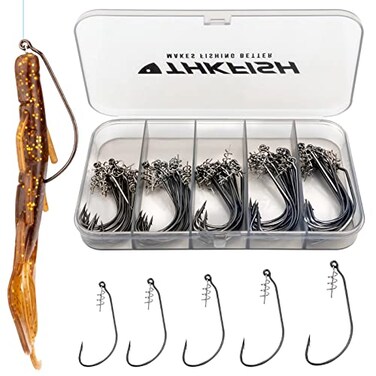 THKFISH Fishing Hooks 60Pack Twistlock Swimbait Hooks for Bass Fishing Soft Plastics Worms Centering Spring Pin Saltwater Freshwater 5 Sizes