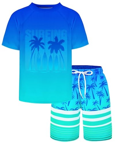 Stadupimry Boys Two Piece Rash Guard and Swim Trunks Outfit Set Kids Short Sleeve Swimsuit