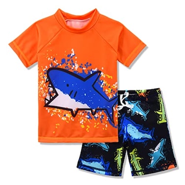 SINOLY Boys Two Piece Rash Guard Swimsuits Kids Short Sleeve Sunsuit Swimwear Sets Shark Pattern 7T