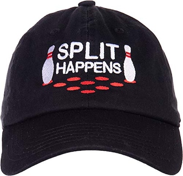 Ann Arbor Tshirt Co Split Happens Funny Bowling Team Bowler Pin Humor Men Women Baseball Dad Hat Black