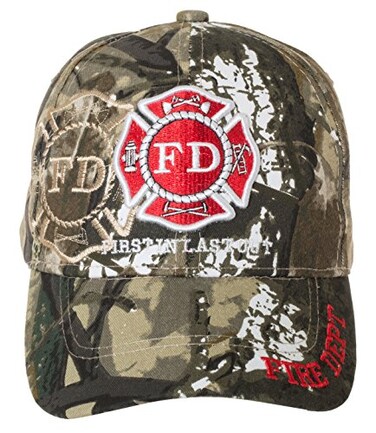 Artisan Owl Fire Department First in Last Out Embroidered Cap Adjustable Hook and Loop Closure Camo
