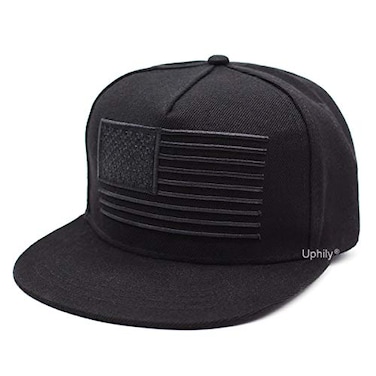 Uphily Black USA American Flag Flat Brim Bill Hat High Profile Patriotic Snapback Baseball Cap for Men or Women