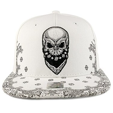 Trendy Apparel Shop Skull Bandana Embroidered Snapback with Paisley Print Flatbill Cap White